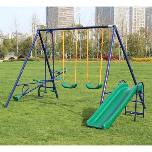Swing Set for Backyard With Seesaw, 2 Swings, Slide and Glider