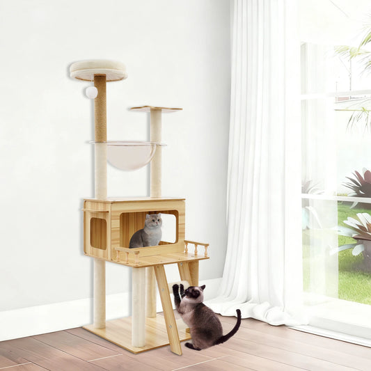 White + Wood Cat Tree for Indoor Cats