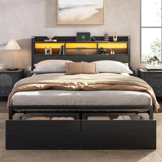 Queen Size Wood Headboard Bed Frame with Storage Shelf and Metal Platform